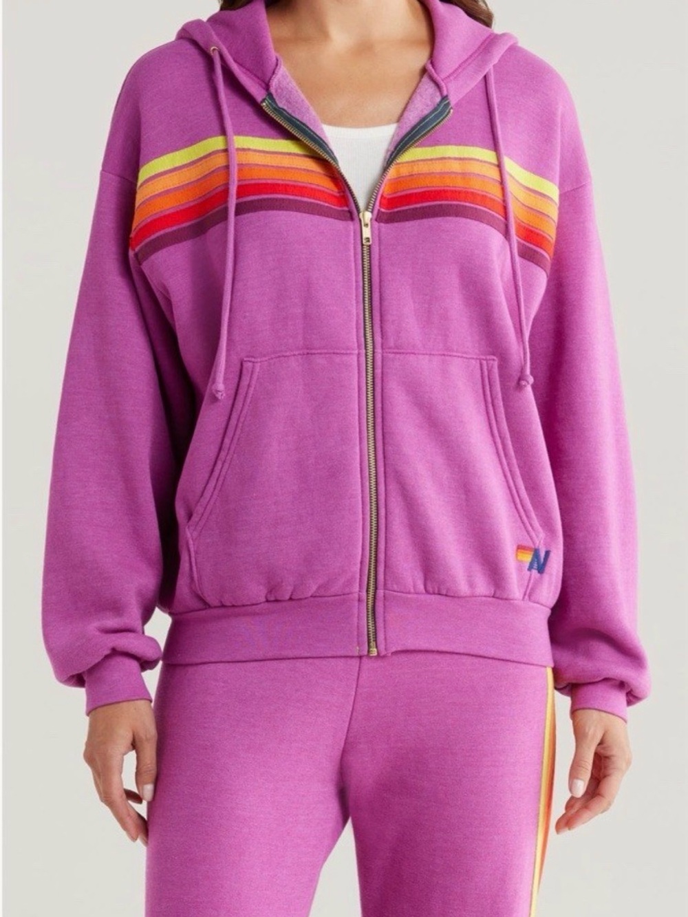 Aviator Nation Magenta Zip Hoodie with Rainbow Chest Stripes - Picture 6 of 6